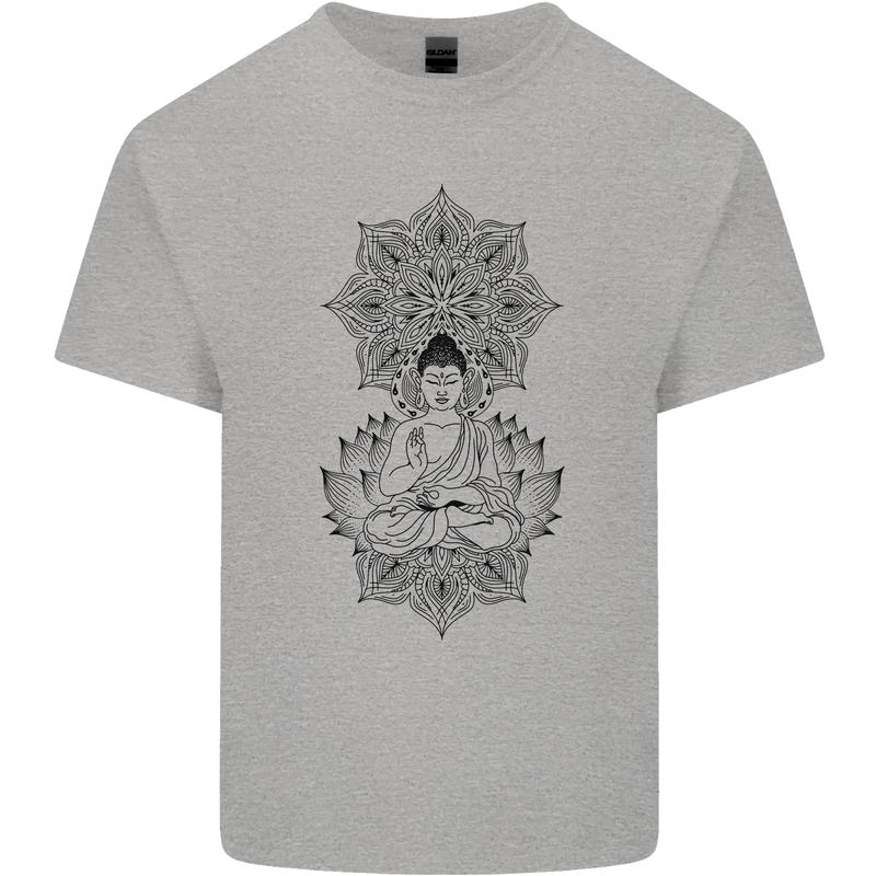 Buddha Mandala Art Mens Cotton T-Shirt Tee Top Sports Grey