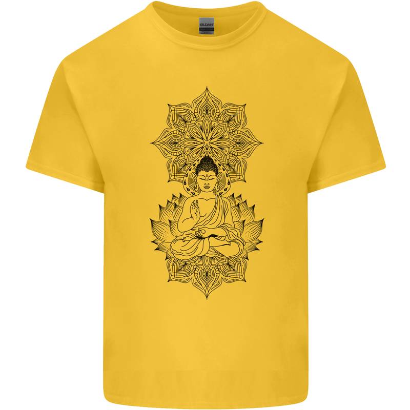 Buddha Mandala Art Mens Cotton T-Shirt Tee Top Yellow