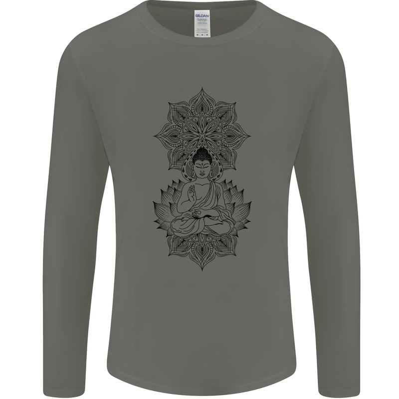 Buddha Mandala Art Mens Long Sleeve T-Shirt Charcoal