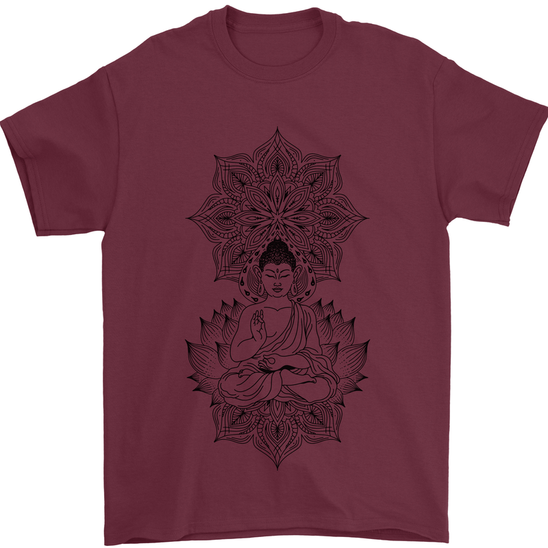 Buddha Mandala Art Mens T-Shirt 100% Cotton Maroon