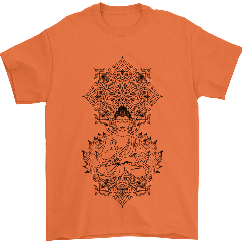 Buddha Mandala Art Mens T-Shirt 100% Cotton Orange