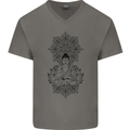 Buddha Mandala Art Mens V-Neck Cotton T-Shirt Charcoal