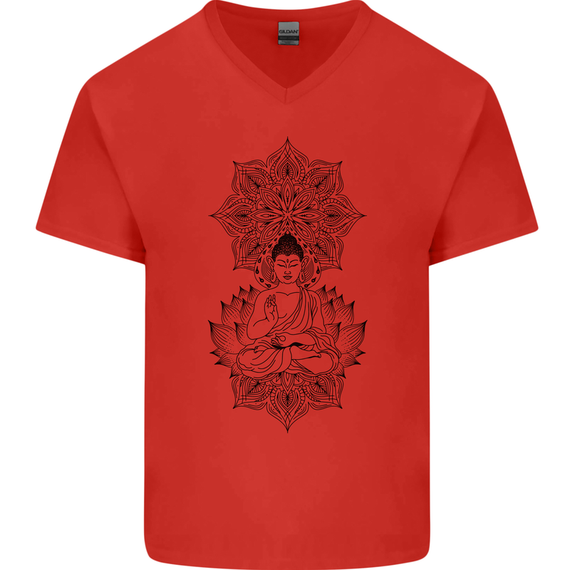 Buddha Mandala Art Mens V-Neck Cotton T-Shirt Red