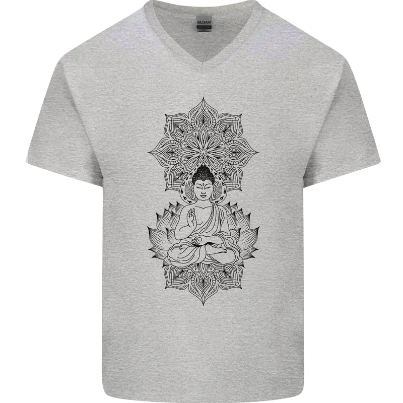 Buddha Mandala Art Mens V-Neck Cotton T-Shirt Sports Grey