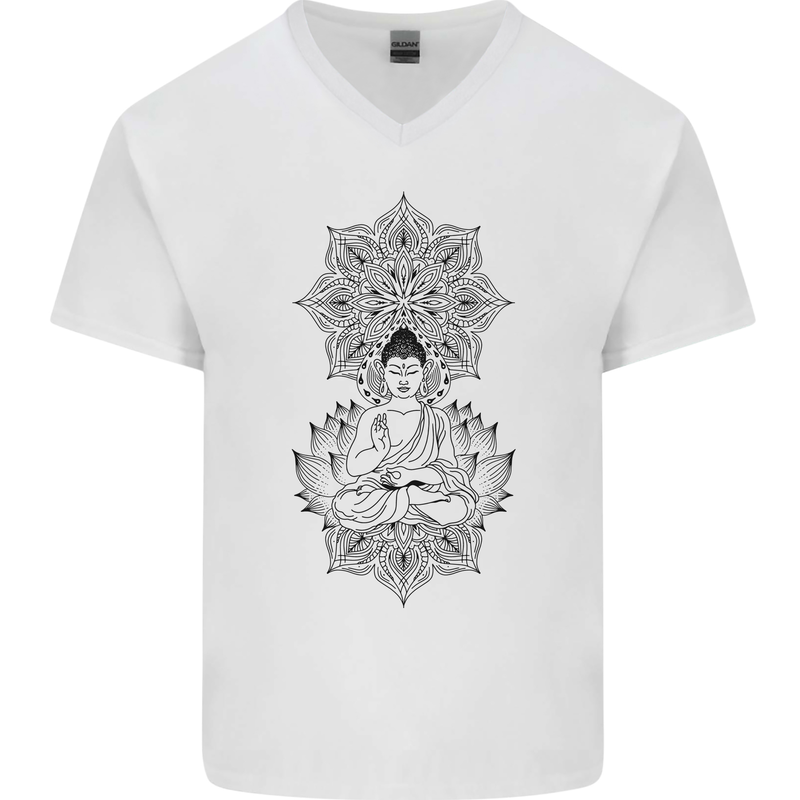 Buddha Mandala Art Mens V-Neck Cotton T-Shirt White