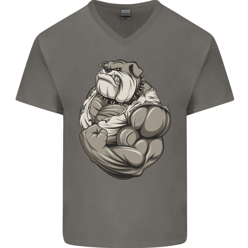 Bulldog Gym Bodybuilding Training Top Mens V-Neck Cotton T-Shirt Charcoal