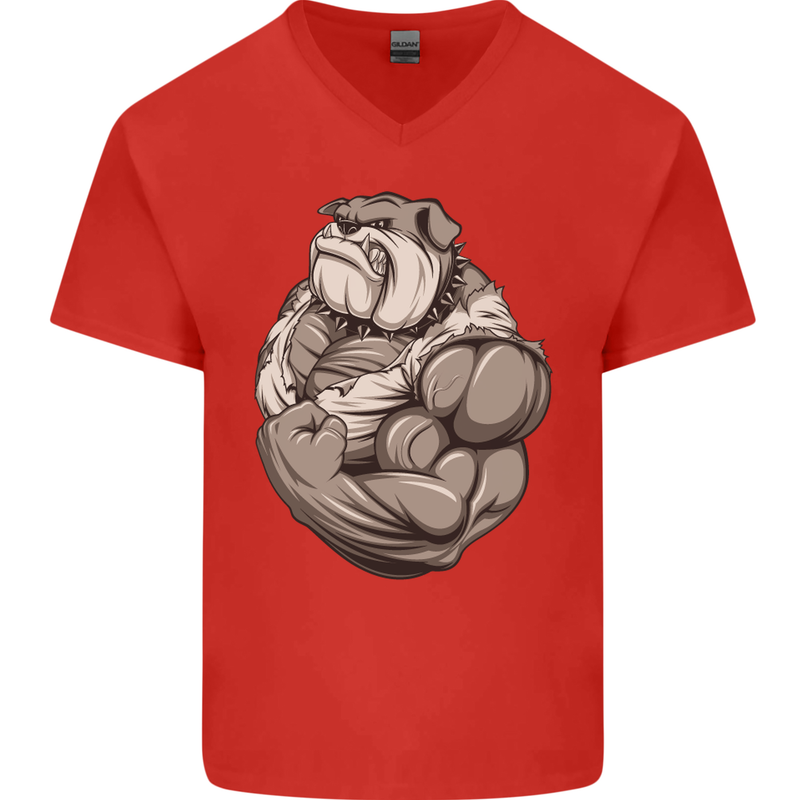 Bulldog Gym Bodybuilding Training Top Mens V-Neck Cotton T-Shirt Red