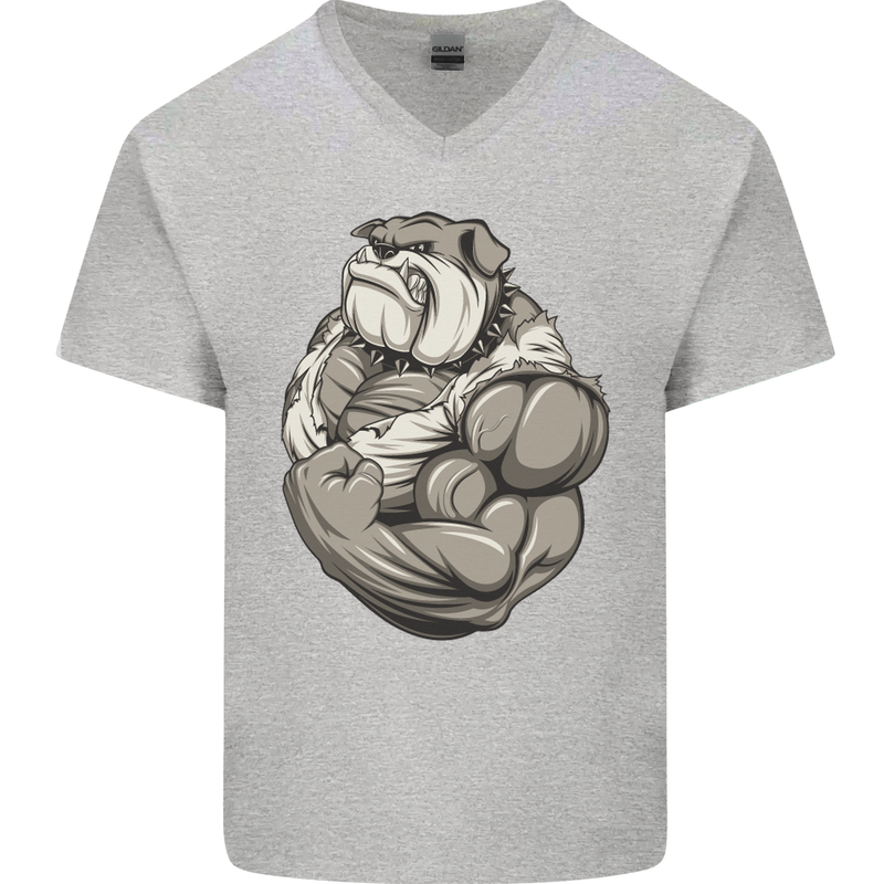 Bulldog Gym Bodybuilding Training Top Mens V-Neck Cotton T-Shirt Sports Grey