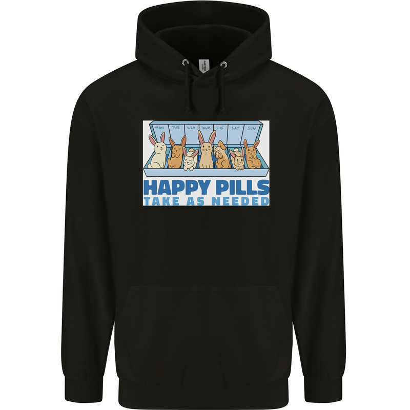 Bunny Rabbit Happy Pills Antidepressant Childrens Kids Hoodie Black