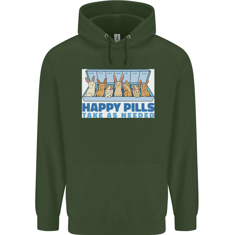 Bunny Rabbit Happy Pills Antidepressant Childrens Kids Hoodie Forest Green