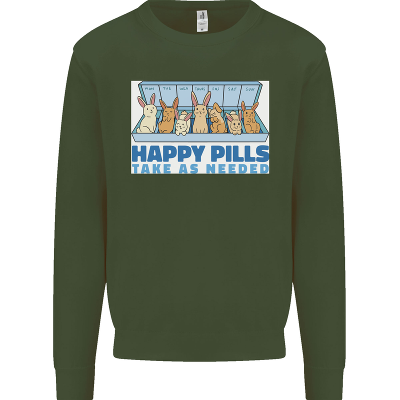 Bunny Rabbit Happy Pills Antidepressant Kids Sweatshirt Jumper Forest Green
