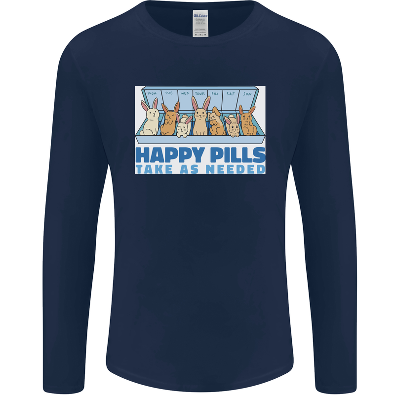Bunny Rabbit Happy Pills Antidepressant Mens Long Sleeve T-Shirt Navy Blue