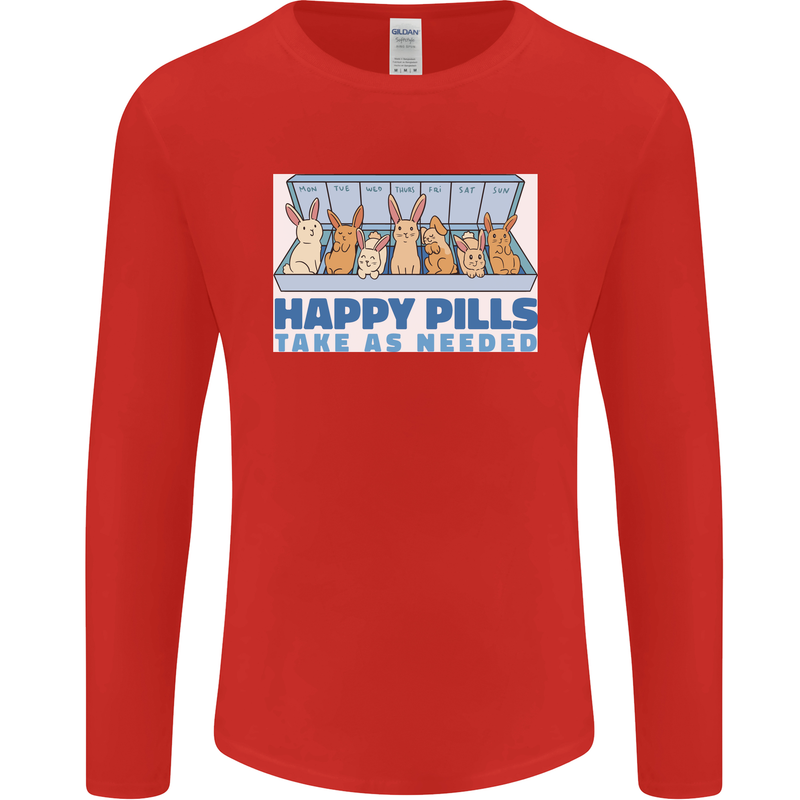Bunny Rabbit Happy Pills Antidepressant Mens Long Sleeve T-Shirt Red