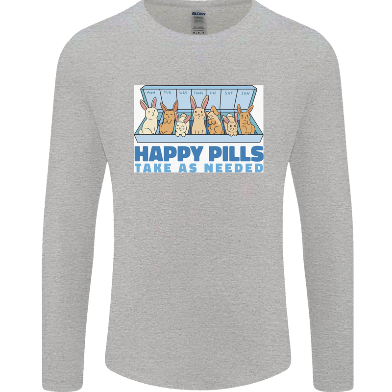 Bunny Rabbit Happy Pills Antidepressant Mens Long Sleeve T-Shirt Sports Grey
