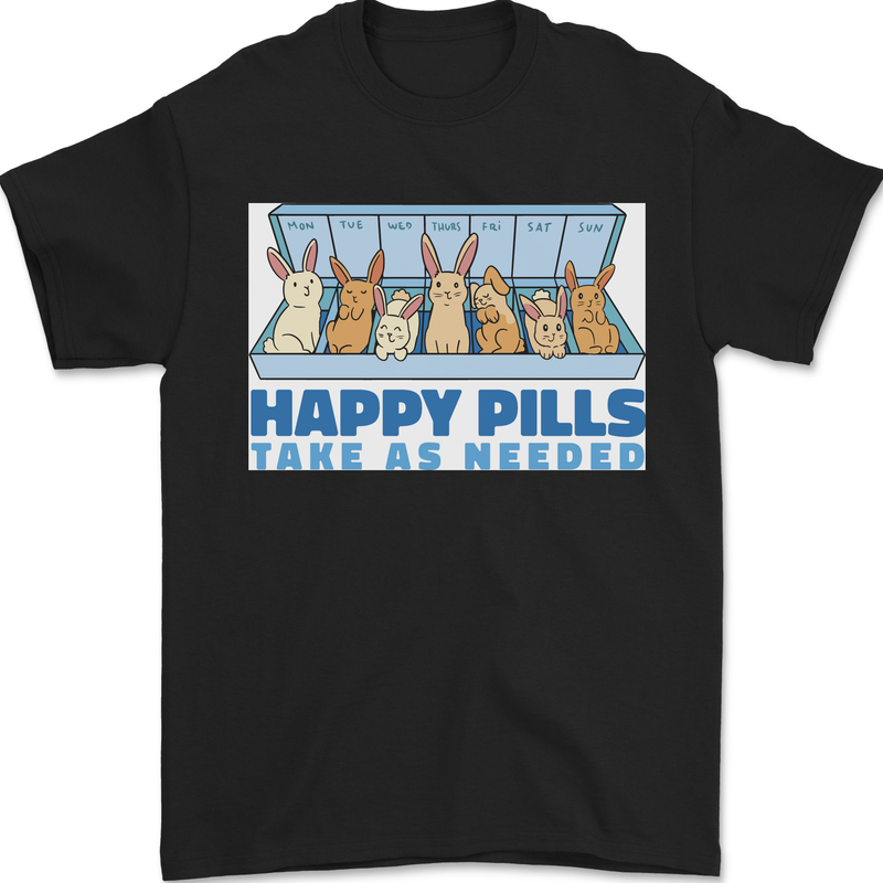 Bunny Rabbit Happy Pills Antidepressant Mens T-Shirt 100% Cotton Black