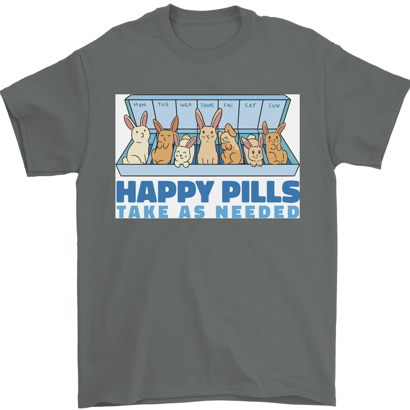 Bunny Rabbit Happy Pills Antidepressant Mens T-Shirt 100% Cotton Charcoal