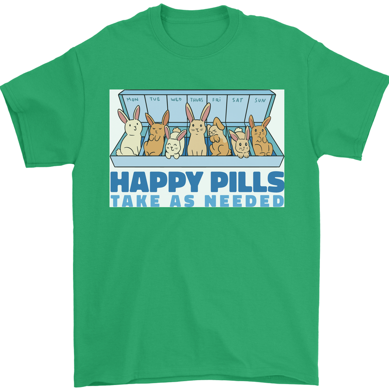Bunny Rabbit Happy Pills Antidepressant Mens T-Shirt 100% Cotton Irish Green