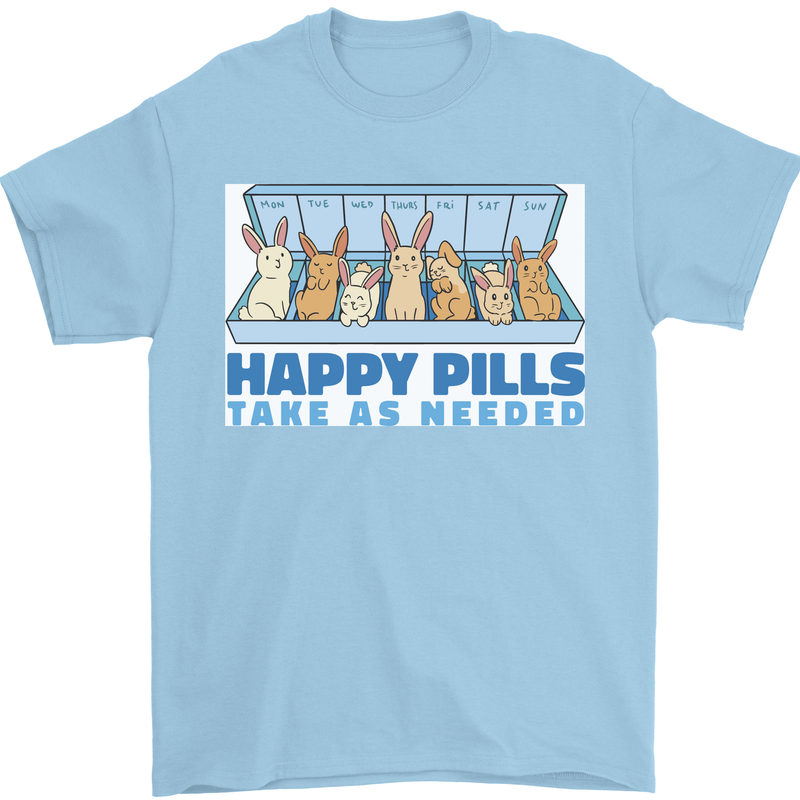Bunny Rabbit Happy Pills Antidepressant Mens T-Shirt 100% Cotton Light Blue