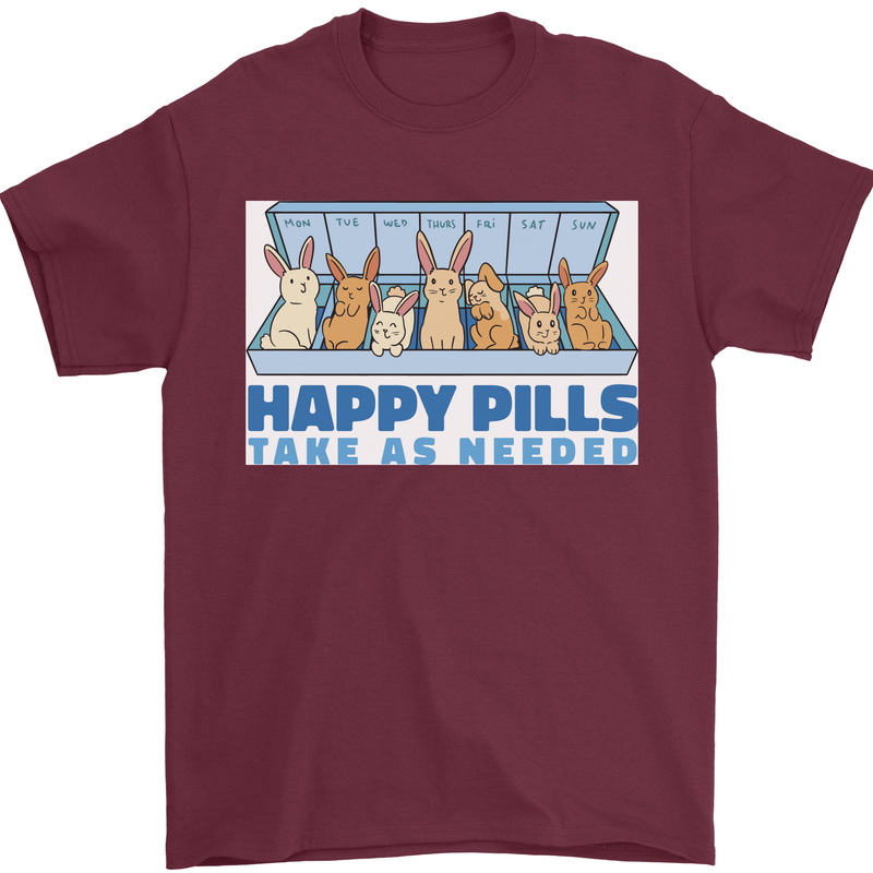 Bunny Rabbit Happy Pills Antidepressant Mens T-Shirt 100% Cotton Maroon