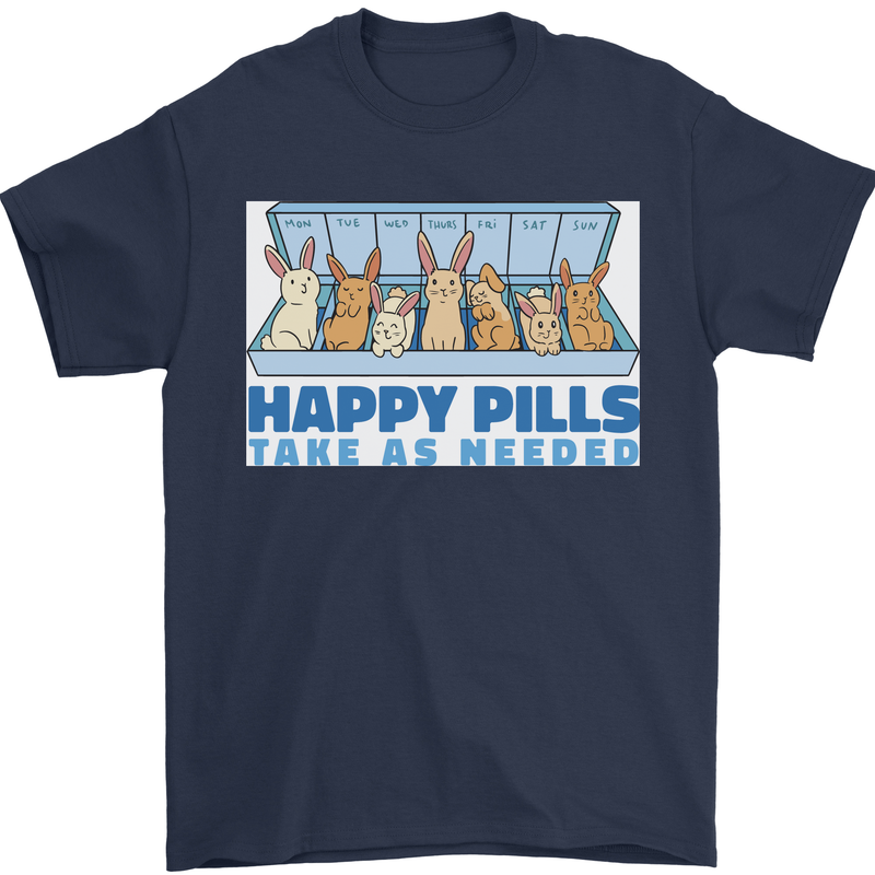 Bunny Rabbit Happy Pills Antidepressant Mens T-Shirt 100% Cotton Navy Blue