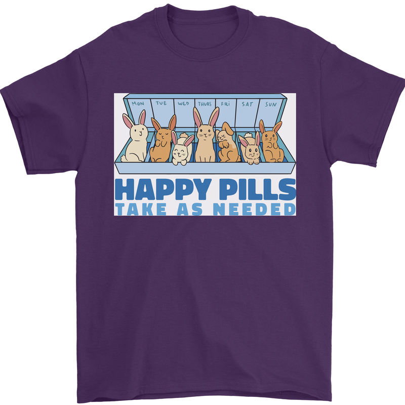 Bunny Rabbit Happy Pills Antidepressant Mens T-Shirt 100% Cotton Purple