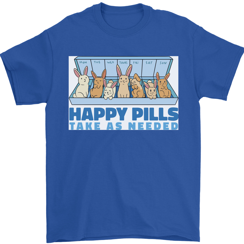 Bunny Rabbit Happy Pills Antidepressant Mens T-Shirt 100% Cotton Royal Blue