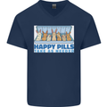 Bunny Rabbit Happy Pills Antidepressant Mens V-Neck Cotton T-Shirt Navy Blue