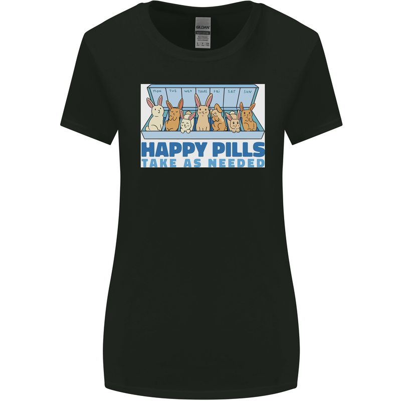 Bunny Rabbit Happy Pills Antidepressant Womens Wider Cut T-Shirt Black