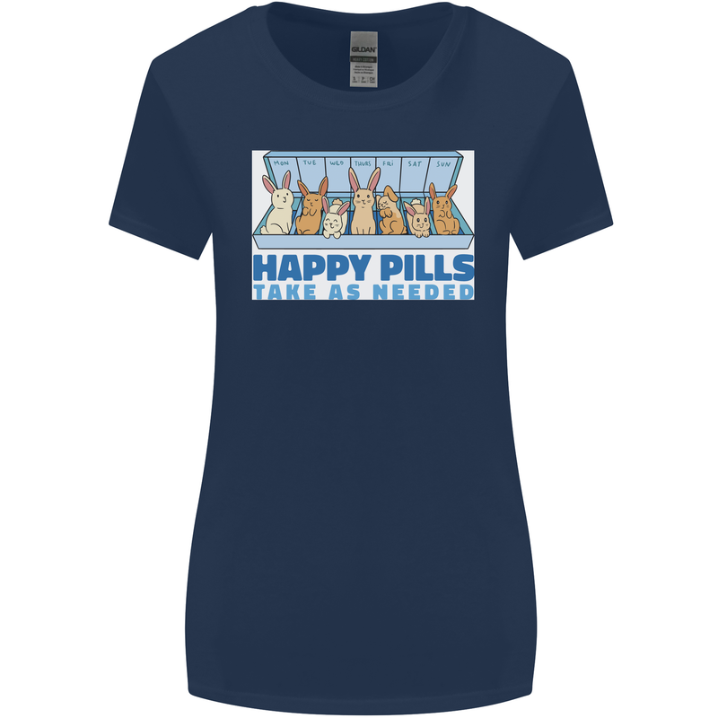 Bunny Rabbit Happy Pills Antidepressant Womens Wider Cut T-Shirt Navy Blue