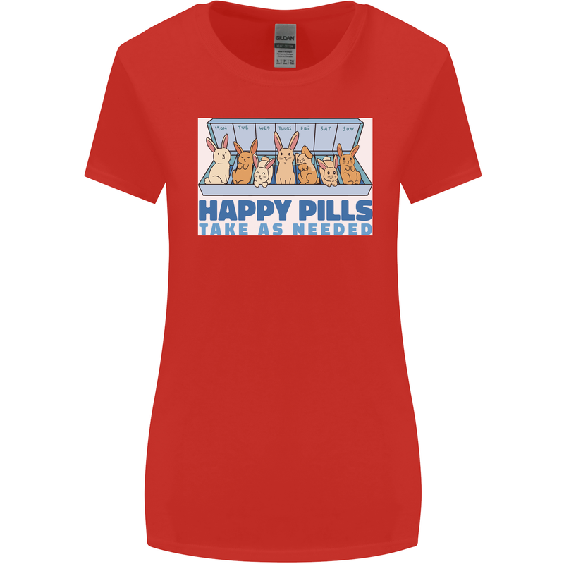 Bunny Rabbit Happy Pills Antidepressant Womens Wider Cut T-Shirt Red