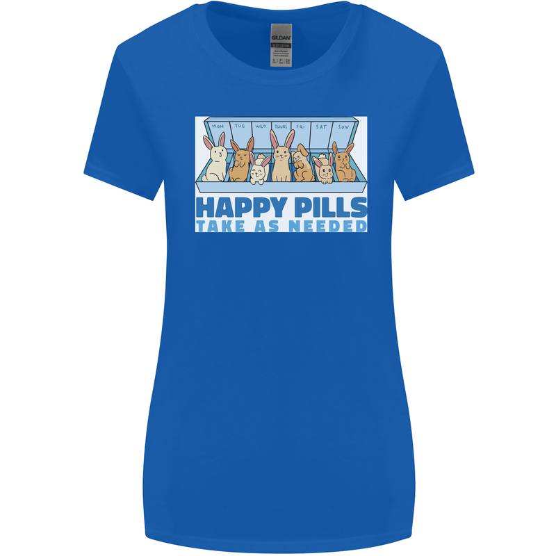Bunny Rabbit Happy Pills Antidepressant Womens Wider Cut T-Shirt Royal Blue