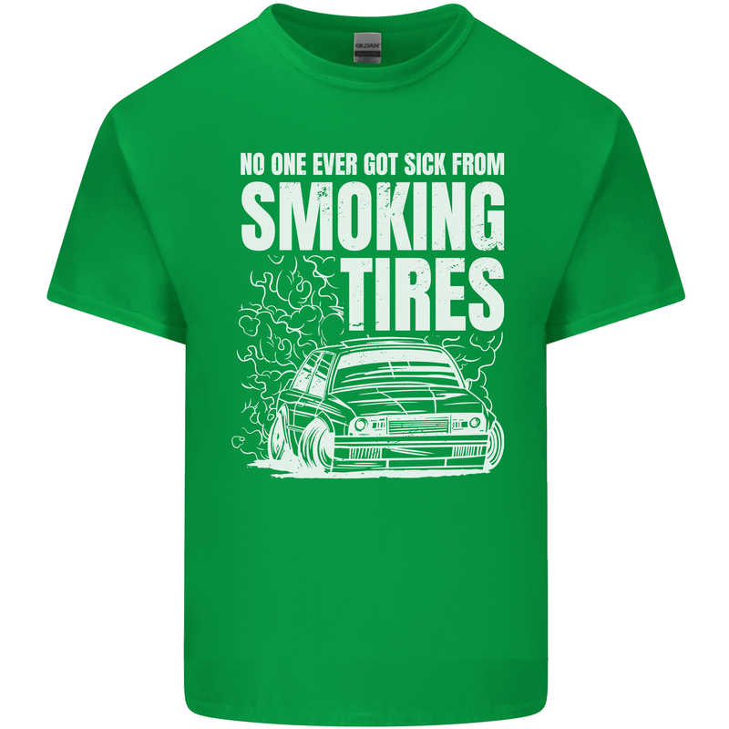 Burning Tires Car Drifting Mens Cotton T-Shirt Tee Top Irish Green