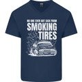 Burning Tires Car Drifting Mens V-Neck Cotton T-Shirt Navy Blue