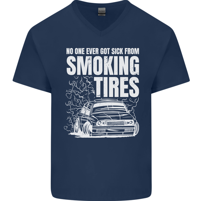 Burning Tires Car Drifting Mens V-Neck Cotton T-Shirt Navy Blue