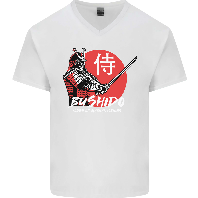 Bushido Samurai Warrior Sword Ronin MMA Mens V-Neck Cotton T-Shirt White