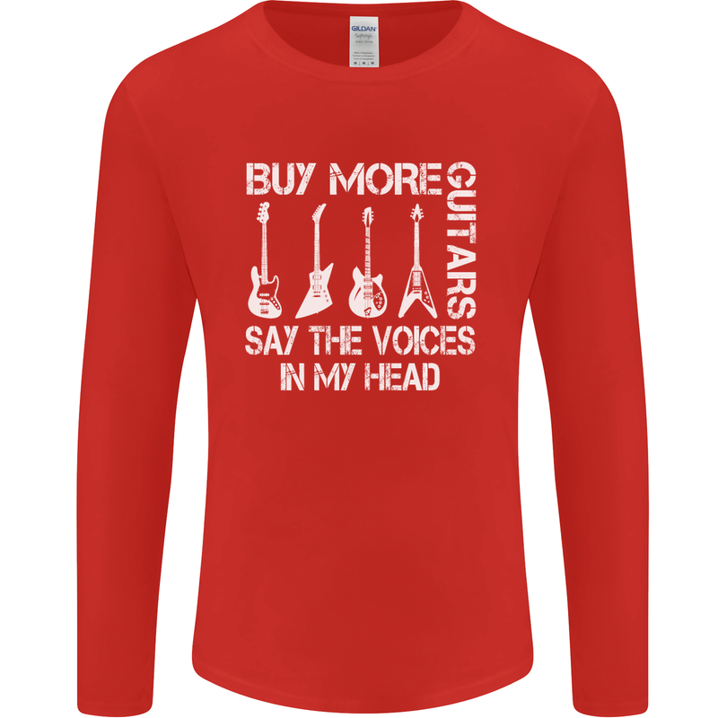 Buy More Guitars Say the Voices Funny Mens Long Sleeve T-Shirt Red