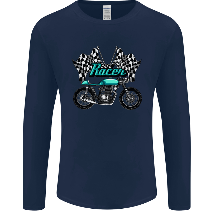 Cafe Racer Biker Motorcycle Motorbike Mens Long Sleeve T-Shirt Navy Blue