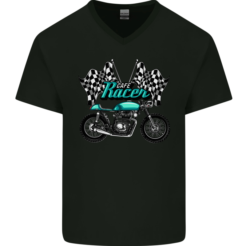Cafe Racer Biker Motorcycle Motorbike Mens V-Neck Cotton T-Shirt Black