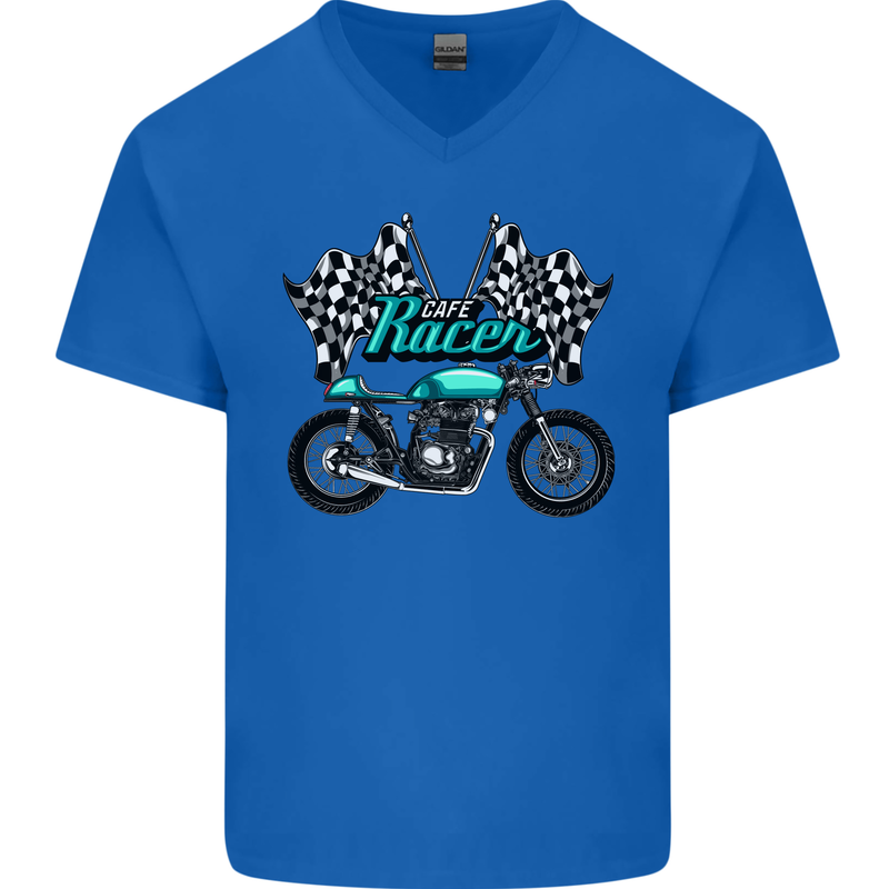 Cafe Racer Biker Motorcycle Motorbike Mens V-Neck Cotton T-Shirt Royal Blue