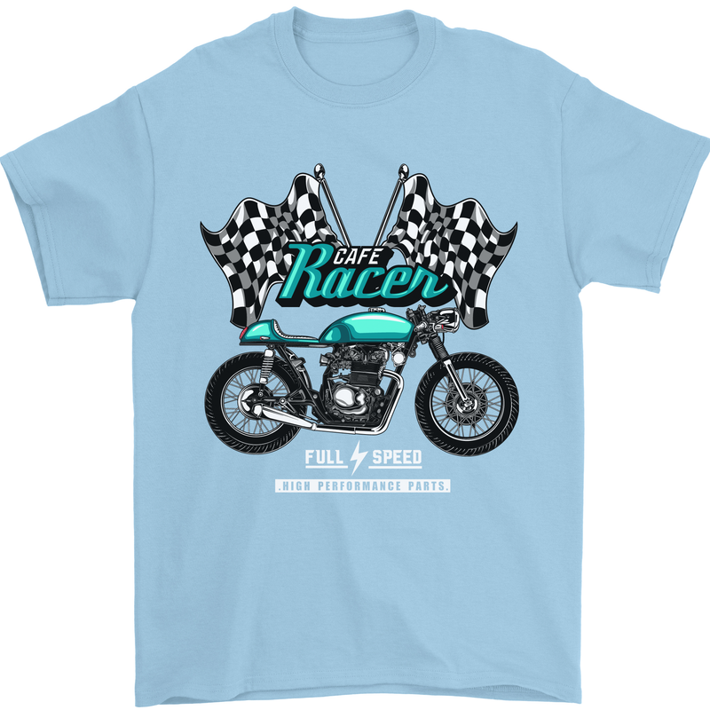 Cafe Racer Full Speed Biker Motorcycle Mens T-Shirt Cotton Gildan Light Blue