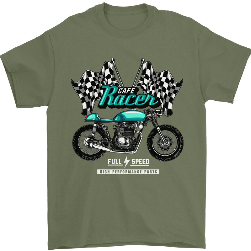Cafe Racer Full Speed Biker Motorcycle Mens T-Shirt Cotton Gildan Military Green