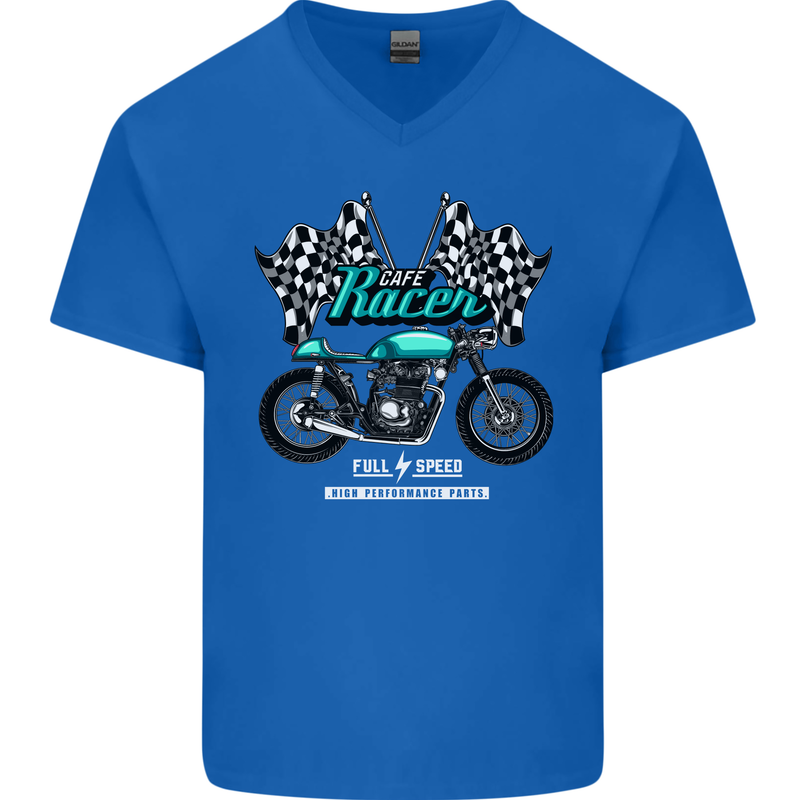 Cafe Racer Full Speed Biker Motorcycle Mens V-Neck Cotton T-Shirt Royal Blue
