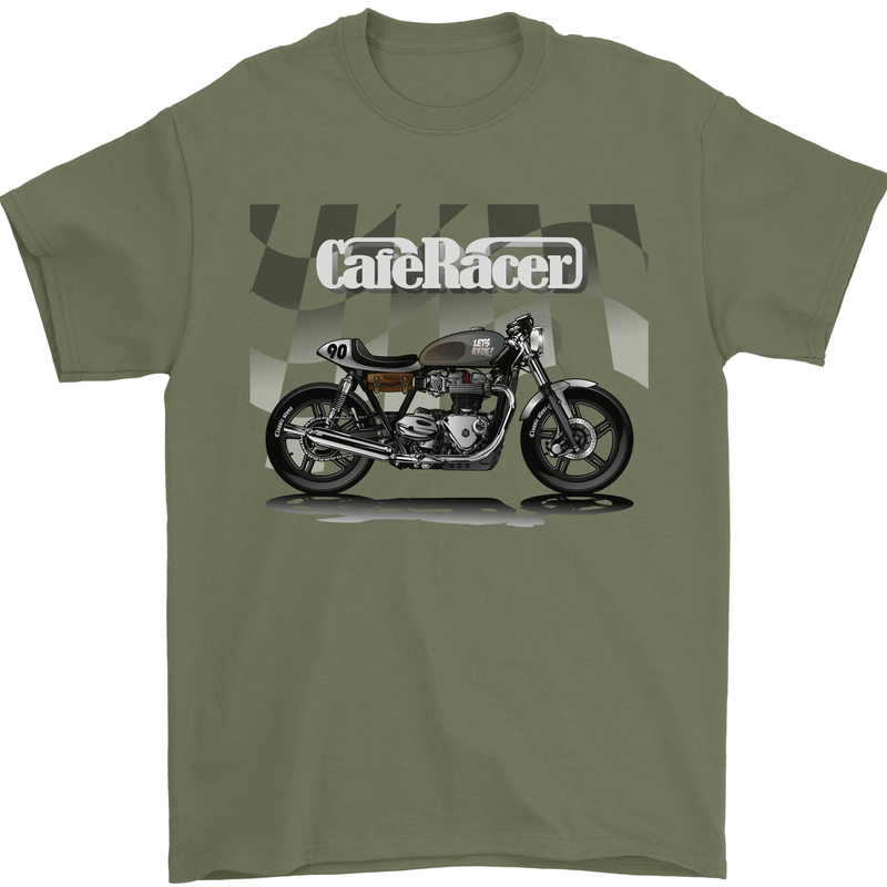 Cafe Racer Motorbike Motorcycle Biker Mens T-Shirt Cotton Gildan Military Green