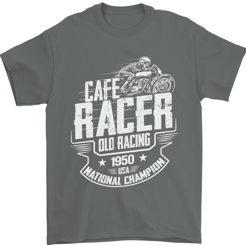 Cafe Racer Old Racing Biker Motorcycle Mens T-Shirt Cotton Gildan Charcoal