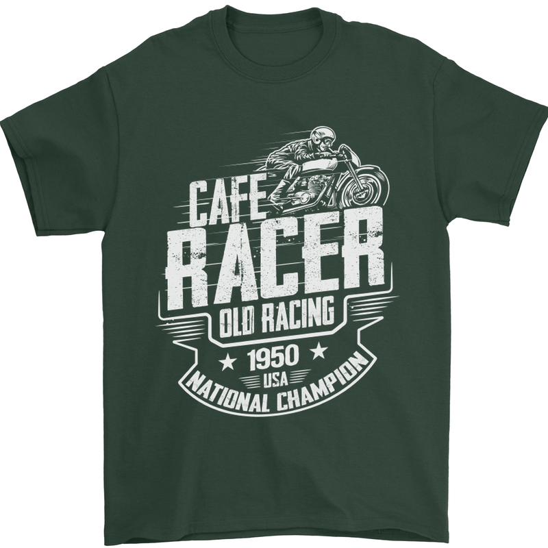 Cafe Racer Old Racing Biker Motorcycle Mens T-Shirt Cotton Gildan Forest Green