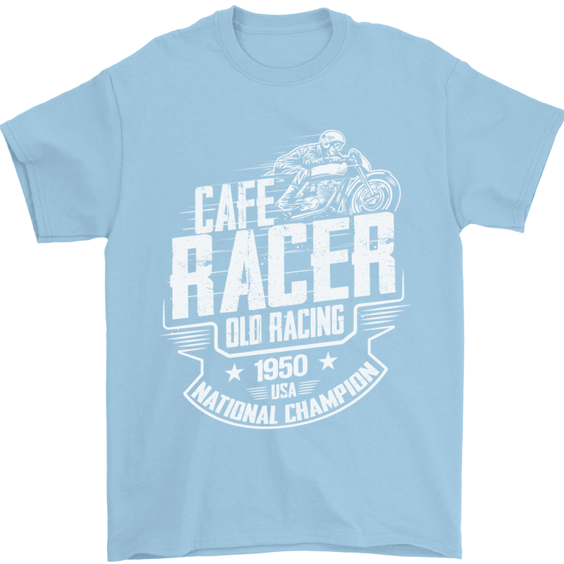 Cafe Racer Old Racing Biker Motorcycle Mens T-Shirt Cotton Gildan Light Blue