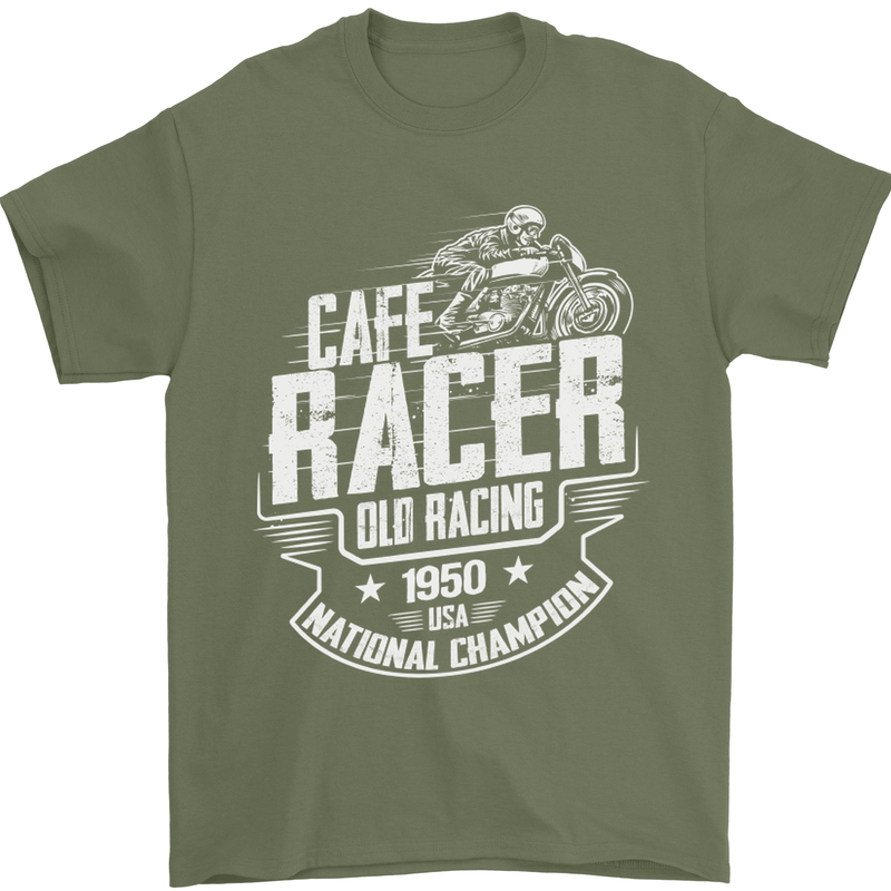 Cafe Racer Old Racing Biker Motorcycle Mens T-Shirt Cotton Gildan Military Green