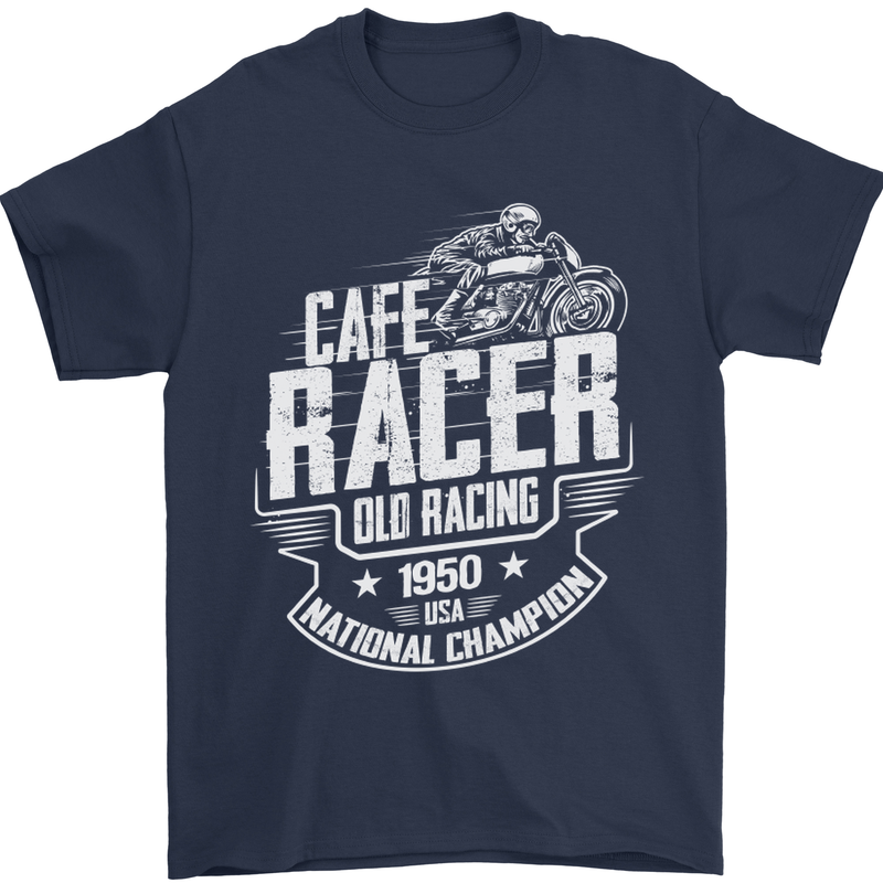 Cafe Racer Old Racing Biker Motorcycle Mens T-Shirt Cotton Gildan Navy Blue