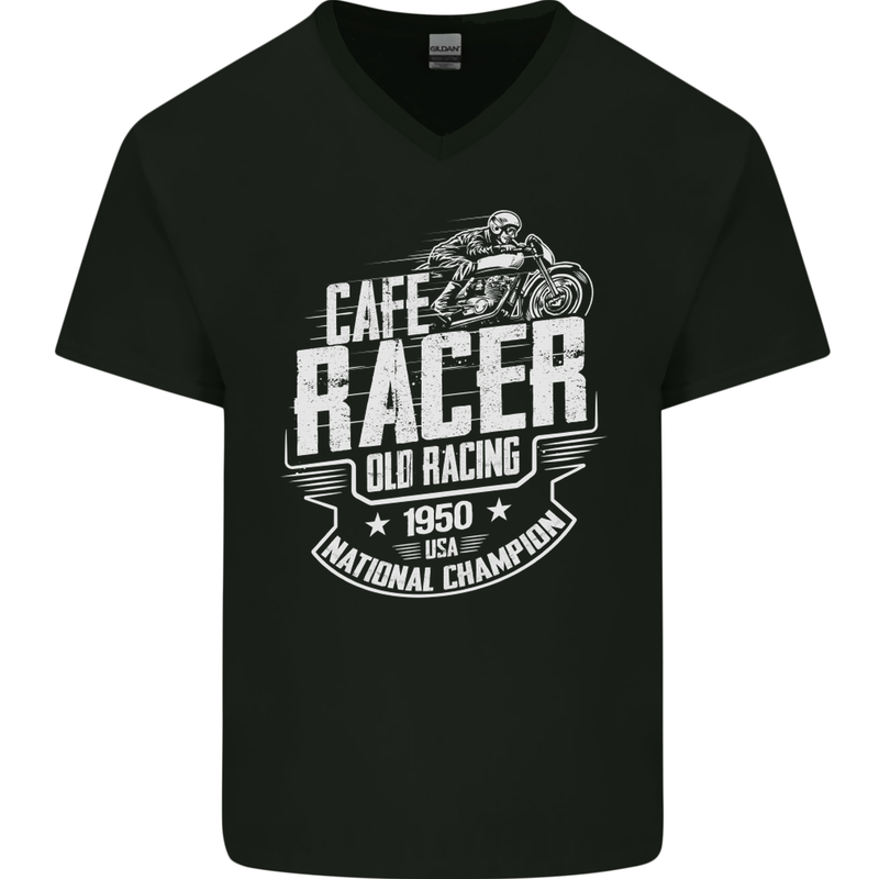 Cafe Racer Old Racing Biker Motorcycle Mens V-Neck Cotton T-Shirt Black