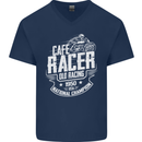 Cafe Racer Old Racing Biker Motorcycle Mens V-Neck Cotton T-Shirt Navy Blue